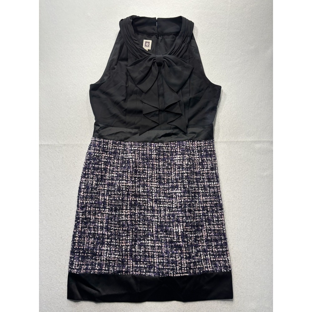 Anne Klein Dress Womens 16 Black Tweed Plaid Bow Neck Sleeveless Sheath Knee